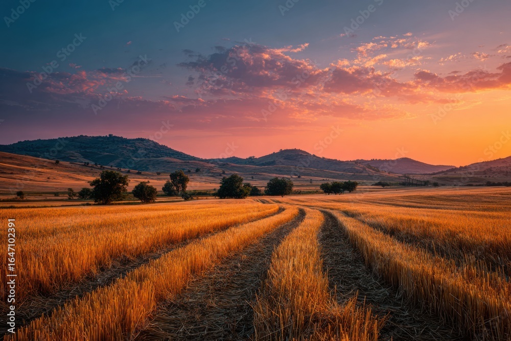 Obraz premium Golden wheat field with sunset, hills and trees in the background