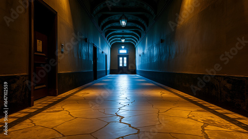 A dimly lit hallway with a cracked stone floor