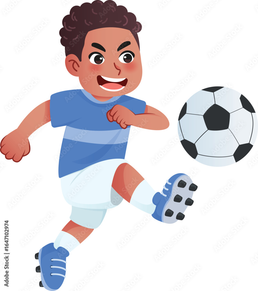 Obraz premium Vector Illustration of A Boy Happy Playing Soccer Kicking Ball in Blue Sports Uniform