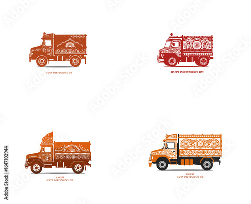 Decorated Indian Truck Silhouette on White Background – Independence Day and Cultural Heritage Design