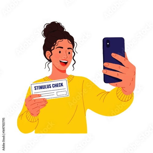 Happy Woman Taking Selfie with Stimulus Check
