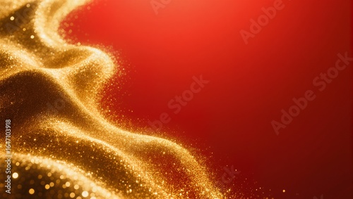 Golden Glitter Wave on Red Background — Luxury Festive Backdrop