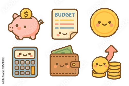 Cartoon savings icons including piggy bank, wallet, and calculator financial planning icons