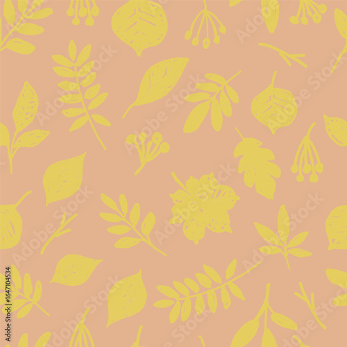 Seamless pattern with various autumn leaves and berries silhouettes. Botanical hand drawn illustration.