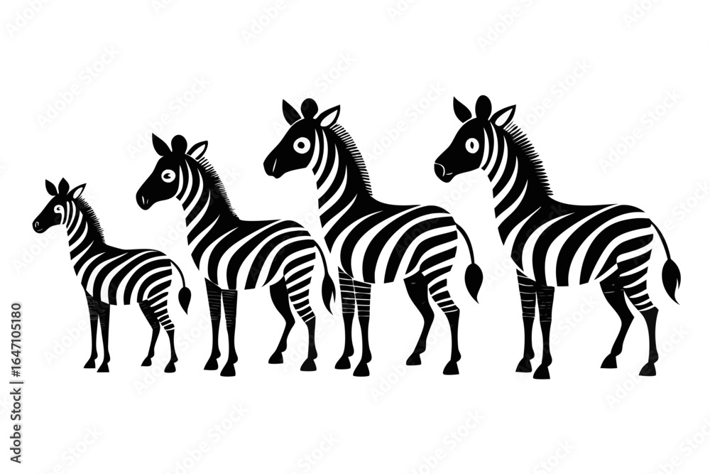 Obraz premium Four stylized zebras in a row showing different sizes