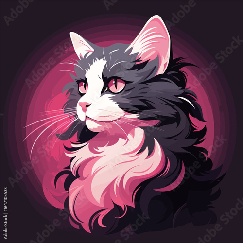 A black and white cat with vibrant pink eyes stares directly into the camera, showcasing its unique and striking appearance. The cats fur is a mix of black and white, with bright pink eyes standing ou