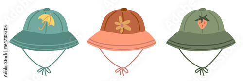 Set of multicolored children's panama hats with ties. Children's hats, outdoor clothing for sun protection. Flat color isolated illustration. Umbrella and strawberry flower patterns on the hat. Unisex