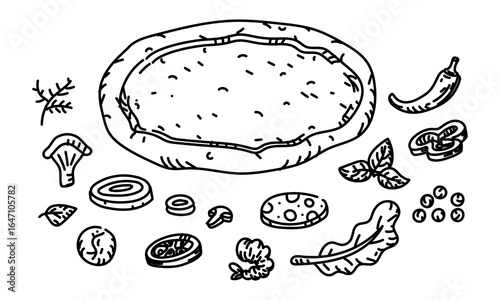 Rolled out pizza dough with ingredients in Doodle style. dough is round, semi-sideshow, spread with sauce, and various filling products on edges. Engraving, line, doodle monochrome object. Hand-drawn