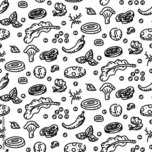 Pattern for pizza toppings in the style of scribbles. Engraving, line, monochrome drawing in the form of scribbles in a seamless texture. Greens, peppers, mushrooms, shrimp, onions, tomatoes, sausage