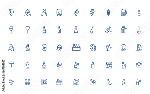 Modern thin line vector icons of winemaking, wine production, brewery, beverage and UI elements. Minimalistic outline illustration with sleek brewery and beverage design and more.