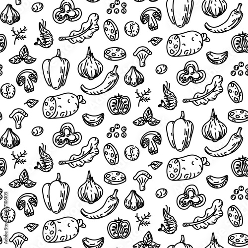 Pattern for pizza toppings in style of scribbles. Engraving, monochrome hand-drawn pattern in seamless texture. Herbs, peppers, mushrooms, onions, tomatoes, sausage, cheese, and dill. Whole and sliced