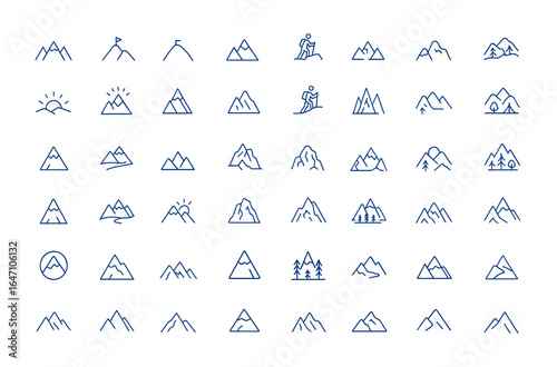 Minimalist thin line mountain icons pack with climb, peak, hill, explore, climbing, outline and vector editable stroke. Clean mountain vector icons with minimalist thin outline style and more.
