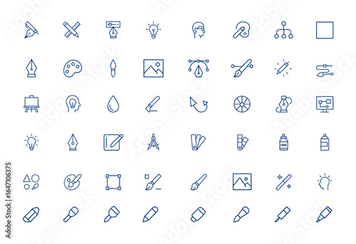 Creative minimalist design icon collection with thin UI vector strokes. Includes artistic symbols for graphic, paint, idea, drawing, and editable modern illustration and more.