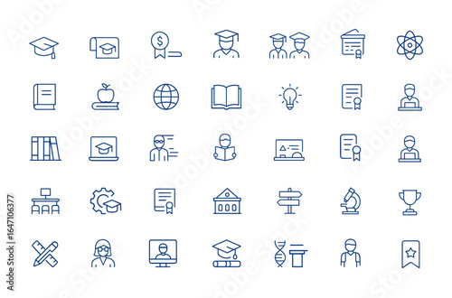 Minimalist vector icons pack featuring thin outline university symbols: graduation, academic cap, diploma, bachelor, scholarship, graduate, learn, education, study, knowledge, campus and more.
