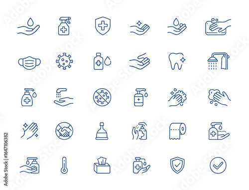 Linear hygiene icon set featuring minimalistic outline symbols of disinfection, infection control, care, washing, cleanliness, and health. Vector illustration, line art, safety, medical and more.