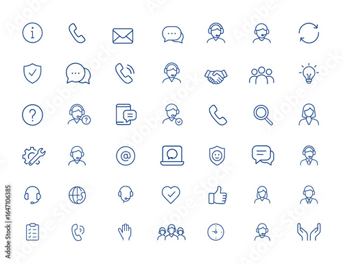 Customer Support icon pack featuring line pictograms for info, contact, chat, call, excellent service, business communication. Minimalist editable vector icons with stroke, help and more.
