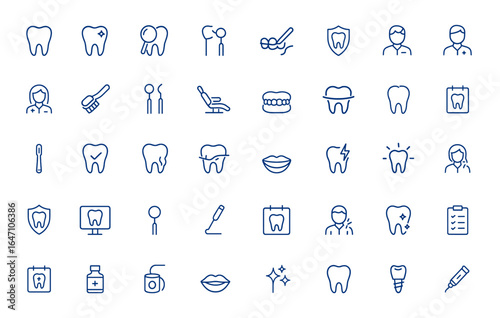Dental Clinic linear icon pack featuring minimalist pictograms of teeth, dentistry, medical, tooth, doctor, treatment, art, illustration, dental health, oral care, dental care and more.