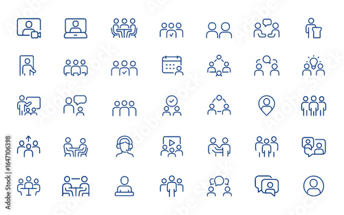 Consultation and social meeting icon collection featuring video call, room, and meet concepts. Minimalist line pictograms with editable stroke. Vector illustration, communication and more.