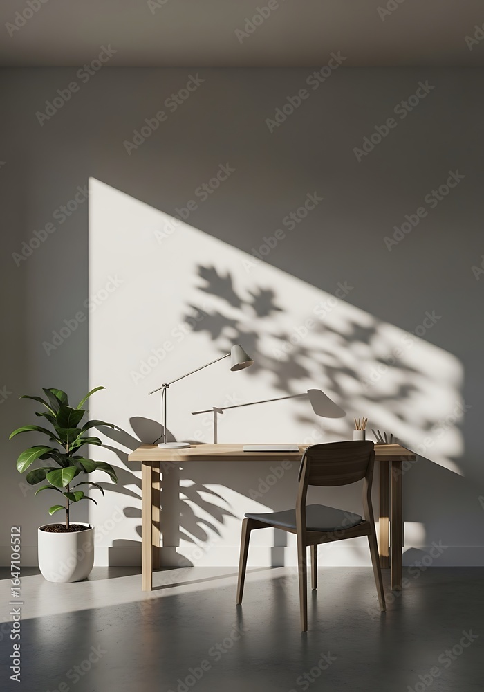 Fototapeta premium Minimalist workspace bathed in natural light with shadow patterns creating visual interest