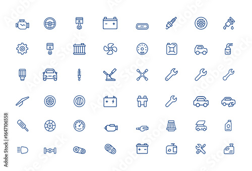 Automotive icon set of minimal auto parts symbols. Editable vector art and illustration for vehicle repair, service, parts, auto maintenance, car components, garage, mechanic, workshop and more.