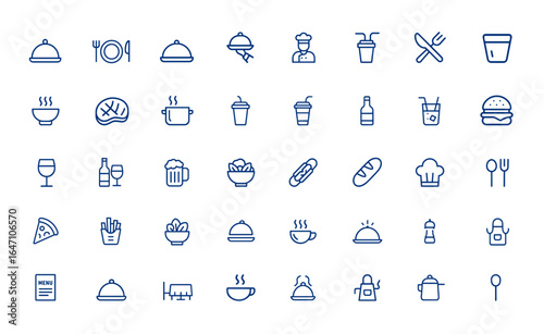 Linear style restaurant icons featuring meal, dinner, kitchen, cafe, plate, minimal design, editable vector stroke, food symbols, dining, cooking, culinary, menu, utensils, hospitality and more.