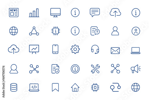 Minimalist vector line icons featuring news, data, tech, info, help, man, and information symbols. Clean illustration for digital, technology, communication, user interface and more.