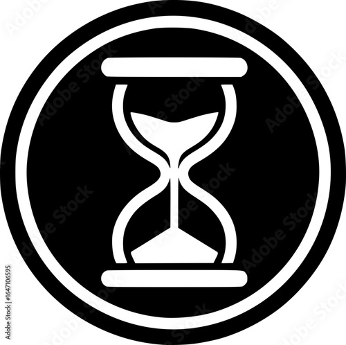 Minimalist black and white vector icon of an hourglass, clean lines, isolated on white, ideal for stickers, logos, scalable and clear at small sizes.