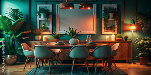 Cozy Dining Room: A contemporary dining room bathed in soft, inviting light, showcasing an elegant table setting and lush greenery, creating a harmonious blend of comfort and style.