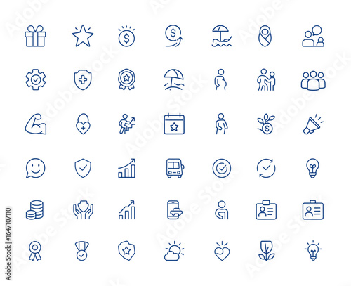 Modern employee benefits icon collection featuring minimal linear signs of bonus, reward, pay, and more. Editable stroke with pixel-perfect design, benefit, icon, linear, bonus, reward and more.