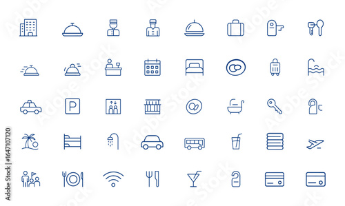 Linear style hotel and restaurant icons with minimalist design. Editable stroke vector icons for fast room service, travel, hospitality, food service, booking, staff, and more.
