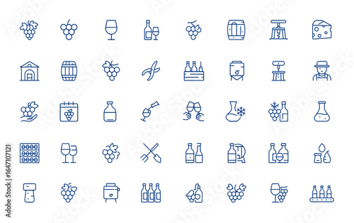 Winemaking line icons featuring minimalist linear pictograms of vine, fruit, beverage, cheese, cork, winery, and production. Ideal for website, infographic, conceptual design, wine labels and more.