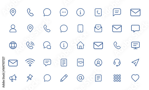 Editable vector communication icons: minimalist linear contact pictograms featuring location, call, chat, info, address, and messaging symbols for modern UI design, mobile apps, and websites