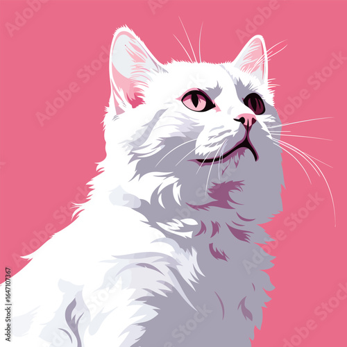 A white cat is sitting in front of a solid pink background, its ears perked up and eyes alert. The cats fur is clean and fluffy, with bright eyes looking directly at the viewer.