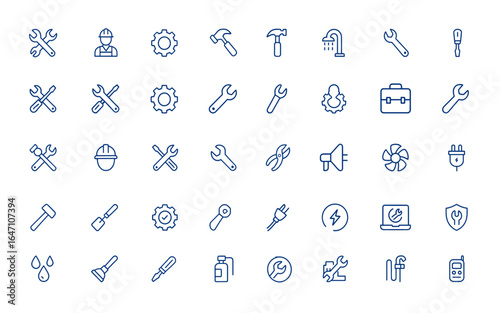 Minimalist maintenance icons for work, repair, industrial tools, and service. Editable vector illustration featuring tool icons for mechanical, construction, technical use and more.