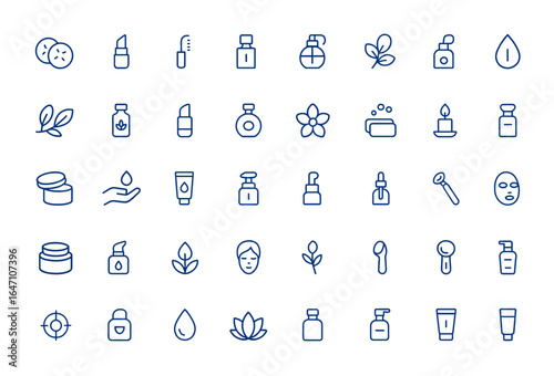 Minimalist vector outline icons of cosmetics and skincare. Pixel perfect beauty and care icon pack. Clean, modern cosmetic line art for skincare, beauty, health, wellness, makeup, spa and more.
