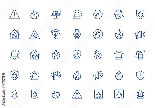Fire alarm icon pack with minimalist editable vector stroke. Includes alert, fire watch, and alarm icons. Modern icon design for safety, emergency, warning, notification, alert, hazard and more.
