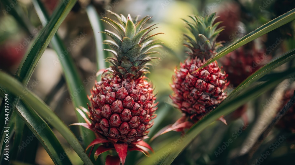 Fertilizing Pineapples. Two ripe pineapples growing among lush green leaves. Fertilizing Pineapples. Two ripe pineapples growing among lush green leaves.