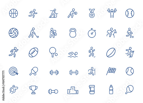 Minimalist sports icons with editable stroke. Linear vector signs for competition, athletics, exercise, game, activity, recreation, tournament, fitness, match, event, challenge and more.