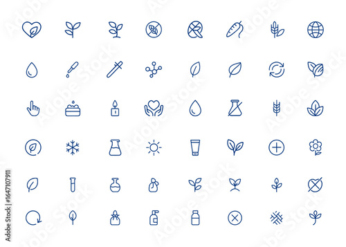 Minimalist linear vector icons of organic, sustainable, allergen, natural, cosmetic, food badges and more. Modern line style illustration for eco-friendly, green products, vegan and more.