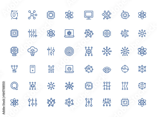 Quantum Computing linear icon collection featuring minimalist engineering, science, computer, and quantum technology symbols. Editable vector illustrations for advanced computing and more.