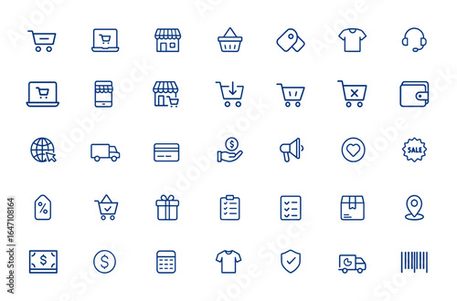 Editable Stroke Icons Pack for E-Commerce, Online Shopping, Business, and Retail. Vector Shopping Icons for Digital Store, Marketplace, Purchase, Sale, Cart, Checkout, Payment and more.