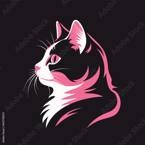 A black and white cat with distinct pink stripes on its face stares with curiosity. The cats sleek fur and bright pink markings create a striking contrast. The felines eyes are alert, capturing the at