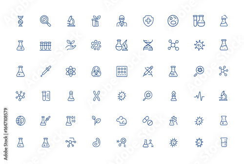 Minimalist science and lab icons featuring outline symbols for biotechnology, bio research, biology, scientist tools, laboratory equipment, biotech analysis, genetic study and more.
