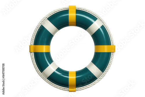 Free Download Teal maritime lifebuoy with yellow stripes, hanging on rope and floating, symbolizing nautical safety and emergency rescue preparedness - GFXLoad