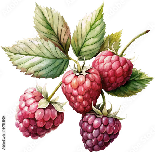 Watercolor Botanical Drawing of Juicy Raspberries and Leaves Vector Illustration