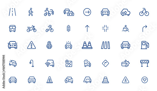 Traffic icons with minimalist editable stroke for mobile and web apps. Includes road, pedestrian, jam, way symbols. Vector illustration for navigation, transport, direction, urban and more.