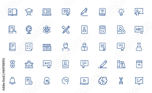 Minimalist study icons for education, literature, e-book, certificate, pen, student, teacher, learning tools, academic symbols, web icons, vector design, knowledge, school, writing, reading and more.