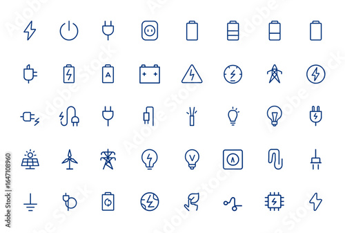 Electricity and battery charge icon pack featuring energy symbols, power icons, electrical charge, battery status, voltage, and renewable energy concepts, vector illustration and more.