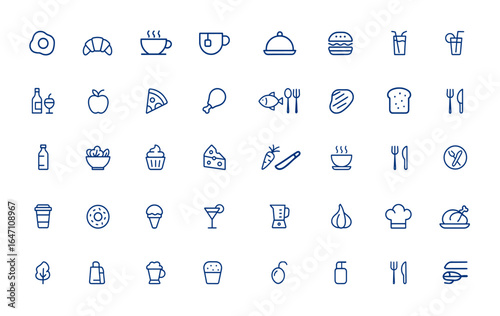 Minimalist editable vector food icons featuring breakfast, beverage, drink, and restaurant symbols. Line style icons perfect for menu, cafe, dining, culinary, kitchen, meal, snack, drink and more.