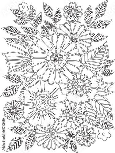 Zentangle flowers coloring pages for adults and kids